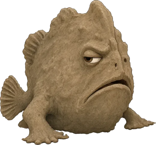 Drab, a plain brown frogfish, side-eyeing