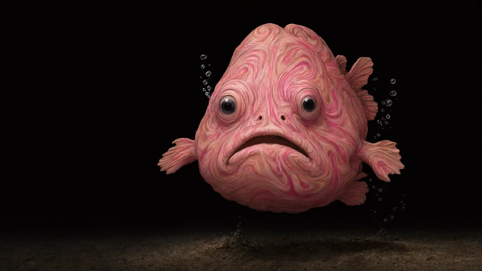 Sike, a pink-and-tan swirl-patterned frogfish, staring forward mid-bounce above a dark sandy floor